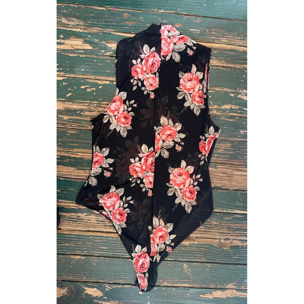 Forever 21+ Floral Mesh Sleeveless Bodysuit Black Red Rose Mock Neck 2X